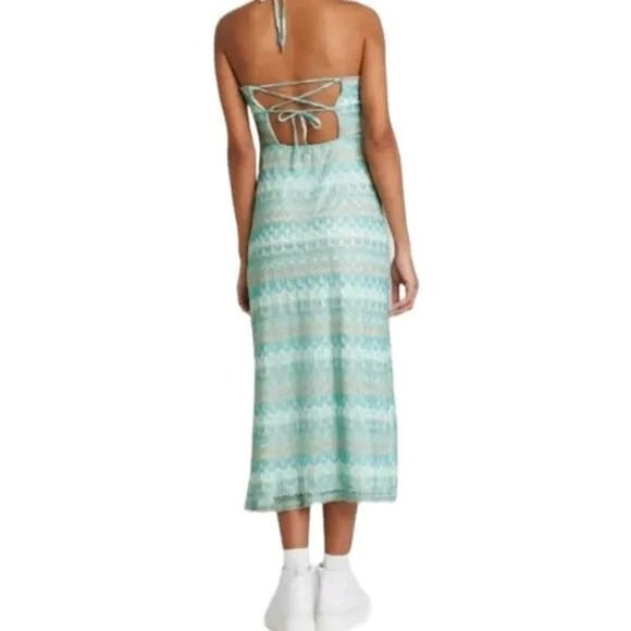 NWT- Sz L Gorgeous Aqua & Silver Knitted Low back Sleeveless Ruched Dress - Picture 3 of 13